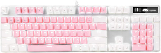 Lynxx White & Pink Mechanical Gaming Keyboard with Blue Switches - 104 Keys USB Wired Backlit for PC & Laptop Gamers